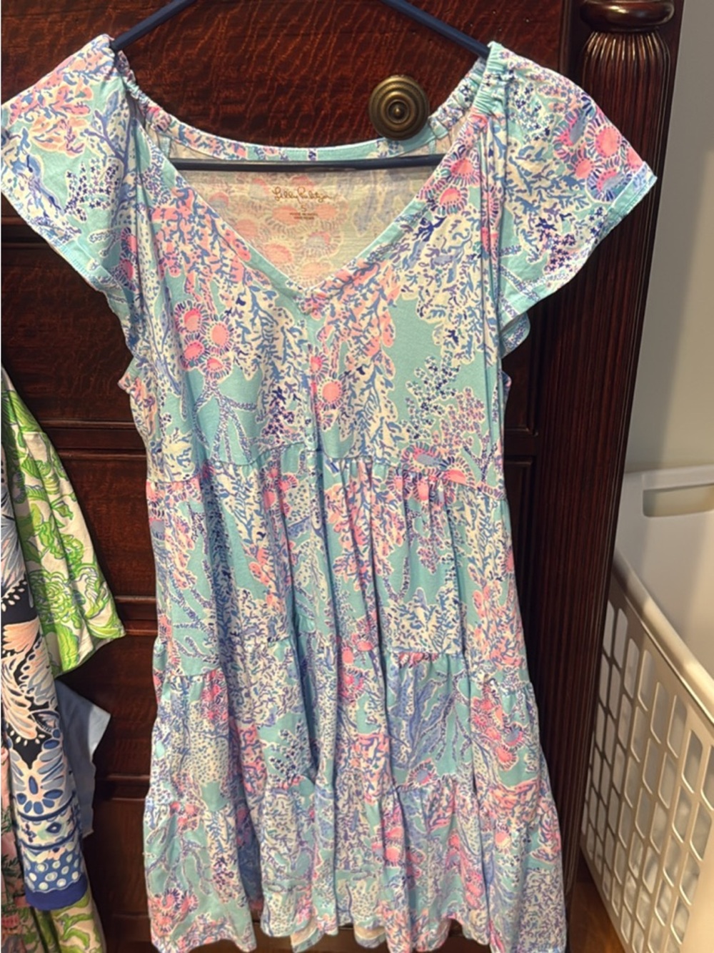 Lilly Pulitzer Aqua Pink Purple Floral Ruffle Sleeve Dress